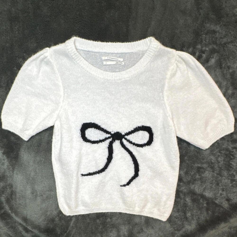 Anthropologie Knit Pullover Sweater White Bow Short Sleeve Crew Neck S